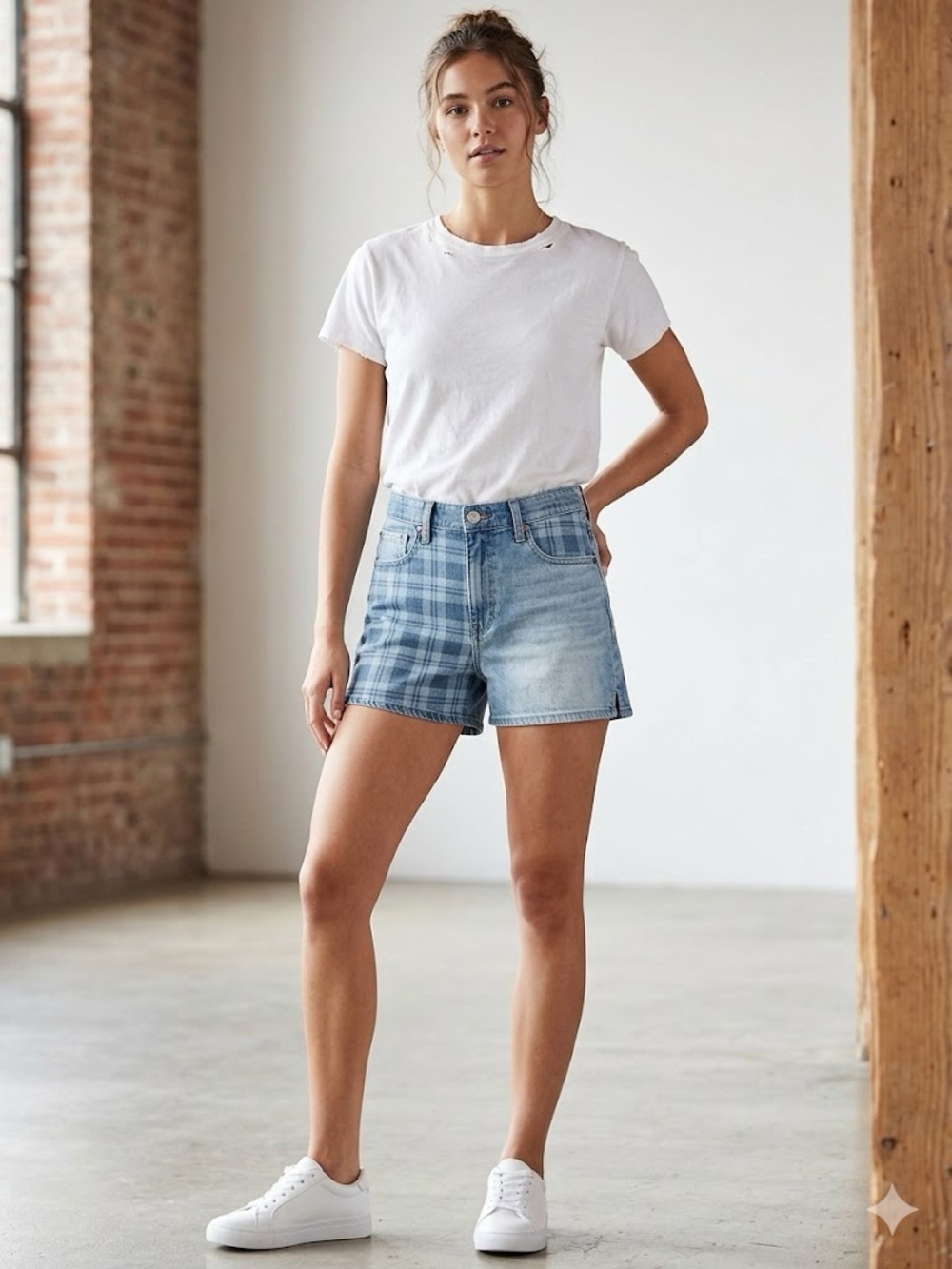 American Eagle Outfitters Plaid-Accent Light Blue Denim Shorts Size 4